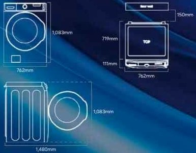 Washer dimension drawing: 762 mm wide, 1,083 mm high, 1,480 mm deep with door open, 150 mm rear wall clearance
