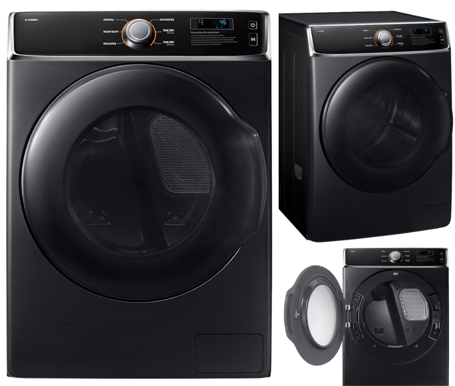 Samsung DV14FG94GCGVST professional dryer in Black Caviar, front, angle and side views