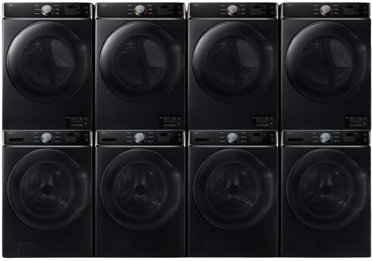 Ten Samsung professional machines: five dryers stacked on five washers